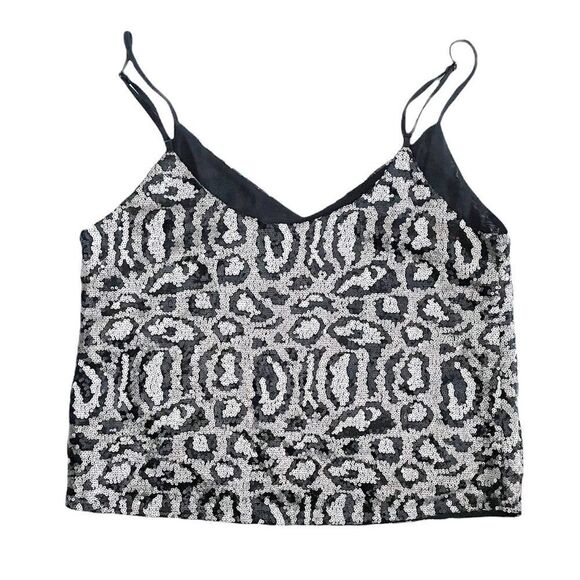 GILLI Sequin Leopard Print Crop Tank Top Camisole Black Silver Adjustable Size M - Picture 5 of 8